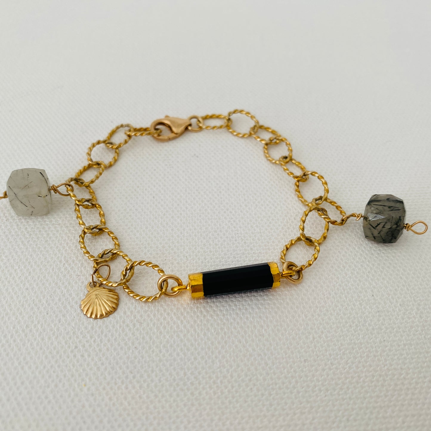 Gold, Bar, Onyx, Charm, Sea Shell, Bracelet
