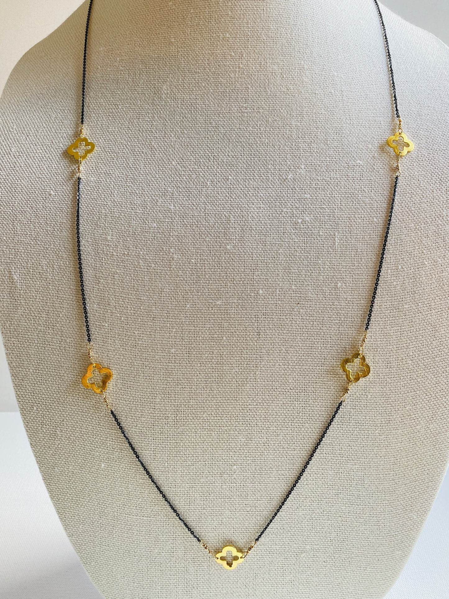 Oxidized Silver, Gold, Long, Quatrefoil Necklace