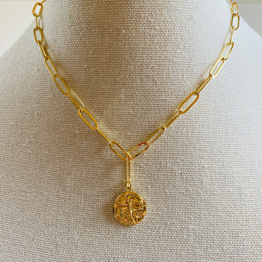 Gold, Paper Clip Chain, Coin, Charm, Dragon Fly, Necklace