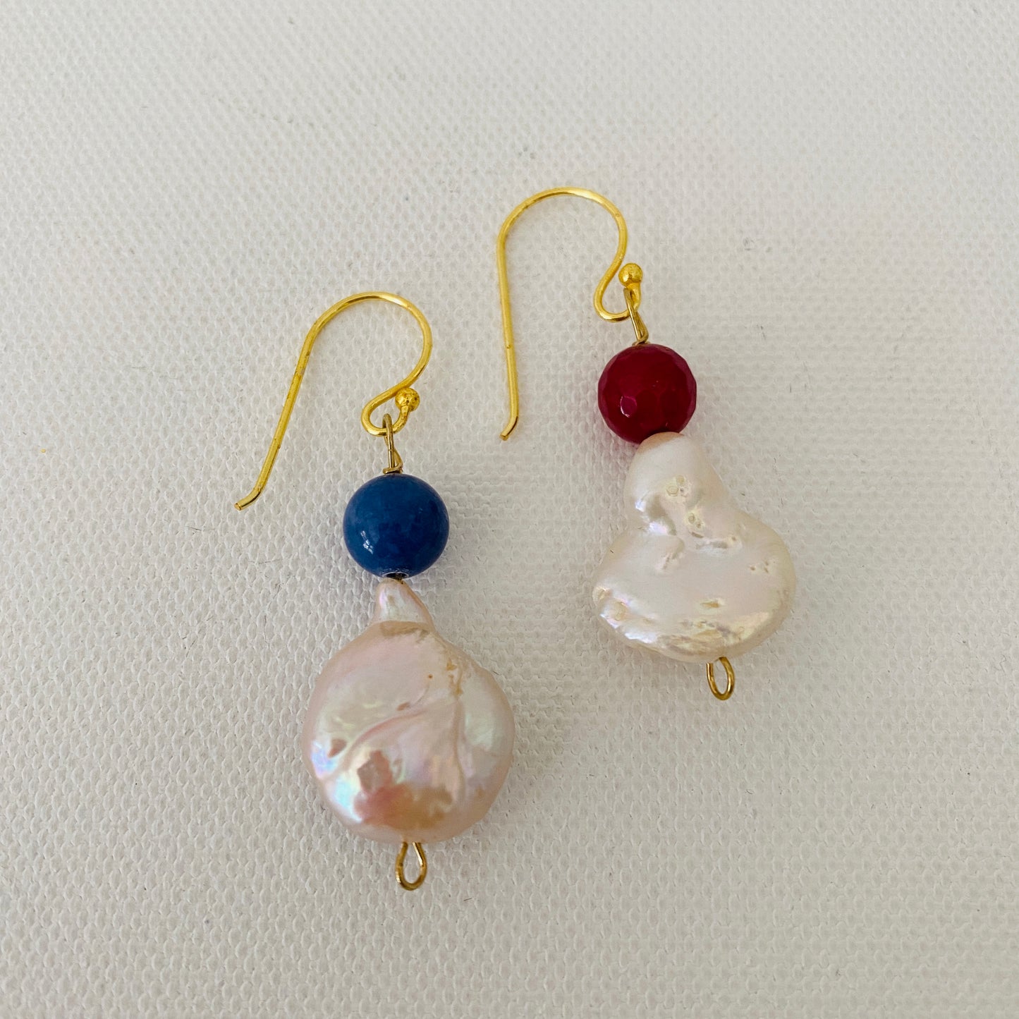 Pearl, Red, White, Blue, Dangling, Gold, Earrings