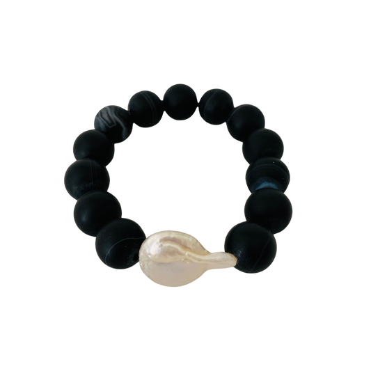 Onyx, Pearl, Beaded, Black, Stretchy  Bracelet