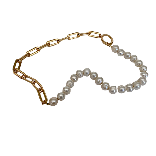 Gold, Pearls, Paper Clip Chain, Asymmetrical, Necklace