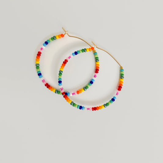 Rainbow, Sprinkles, Colorful, Beaded, Gold, Hoop Earrings