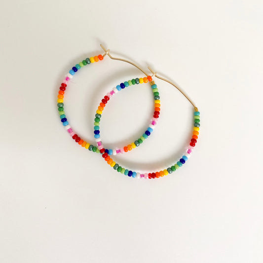 Rainbow, Sprinkles, Colorful, Beaded, Gold, Hoop Earrings