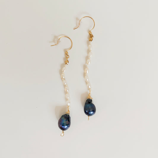 Long, Baroque, Seed, Gold, Pearl Earrings