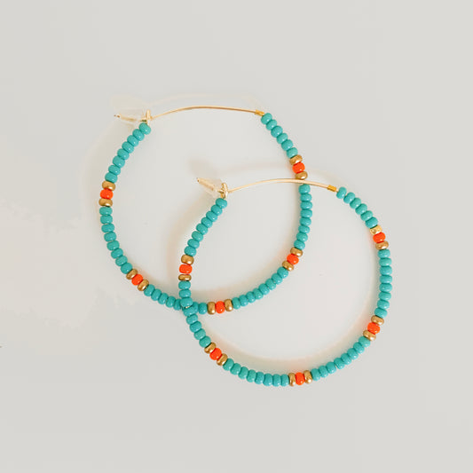 Rainbow, Sprinkles, Turquoise, Orange, Gold, Colorful, Beaded, Gold, Hoop Earrings