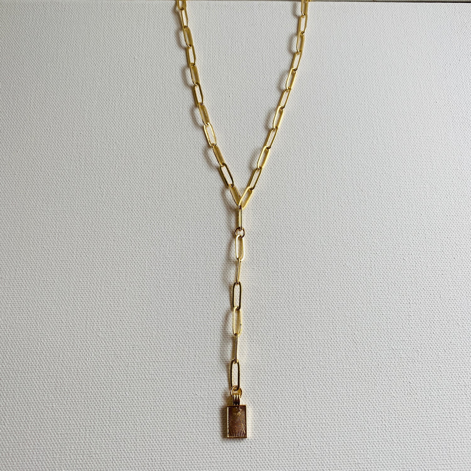 Gold, Lariat, Sun Burst, Charm, Paper Clip Chain, Necklace