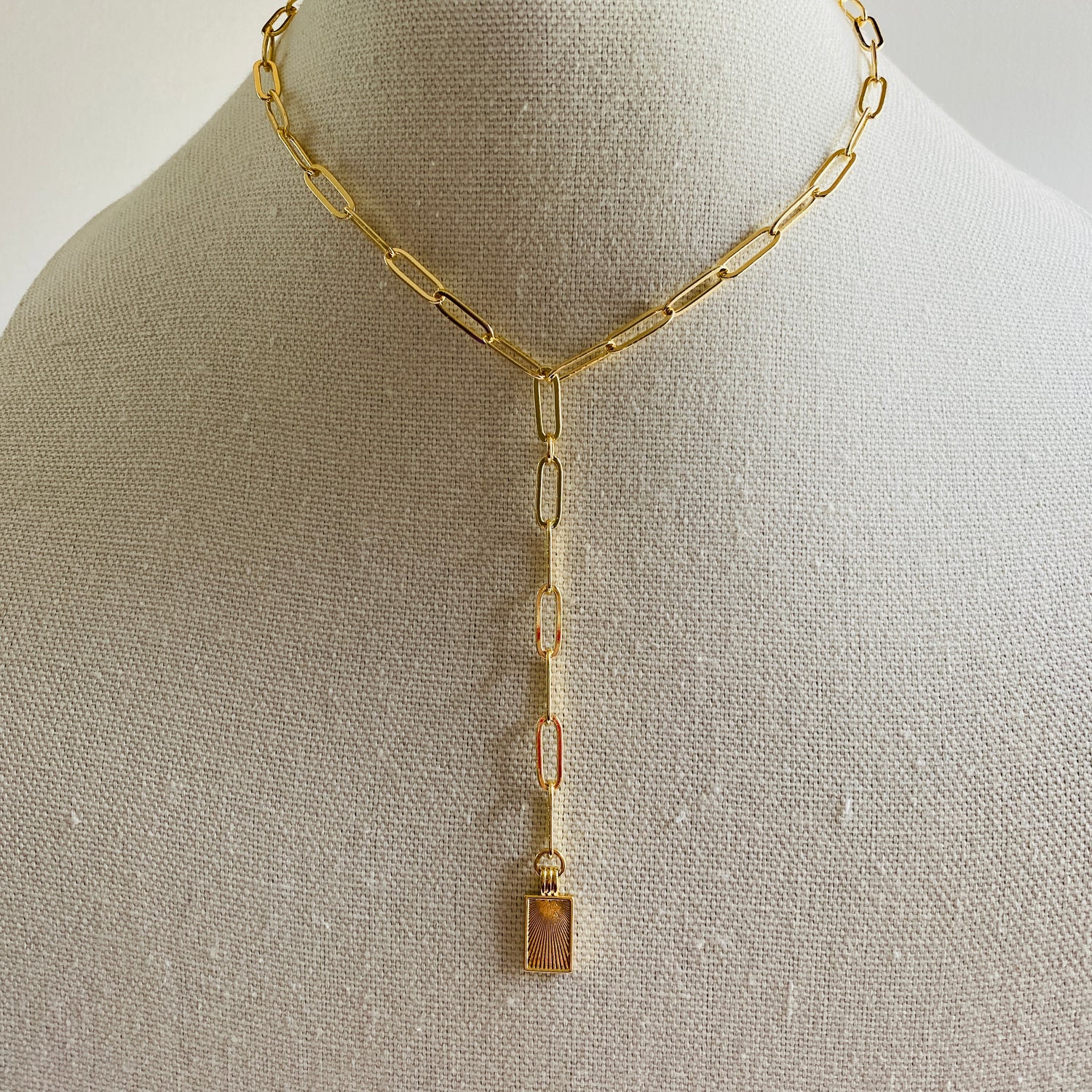 Gold, Lariat, Sun Burst, Charm, Paper Clip Chain, Necklace