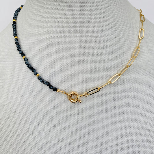 Black, Onyx, Asymmetrical, Gold, Paper Clip Chain