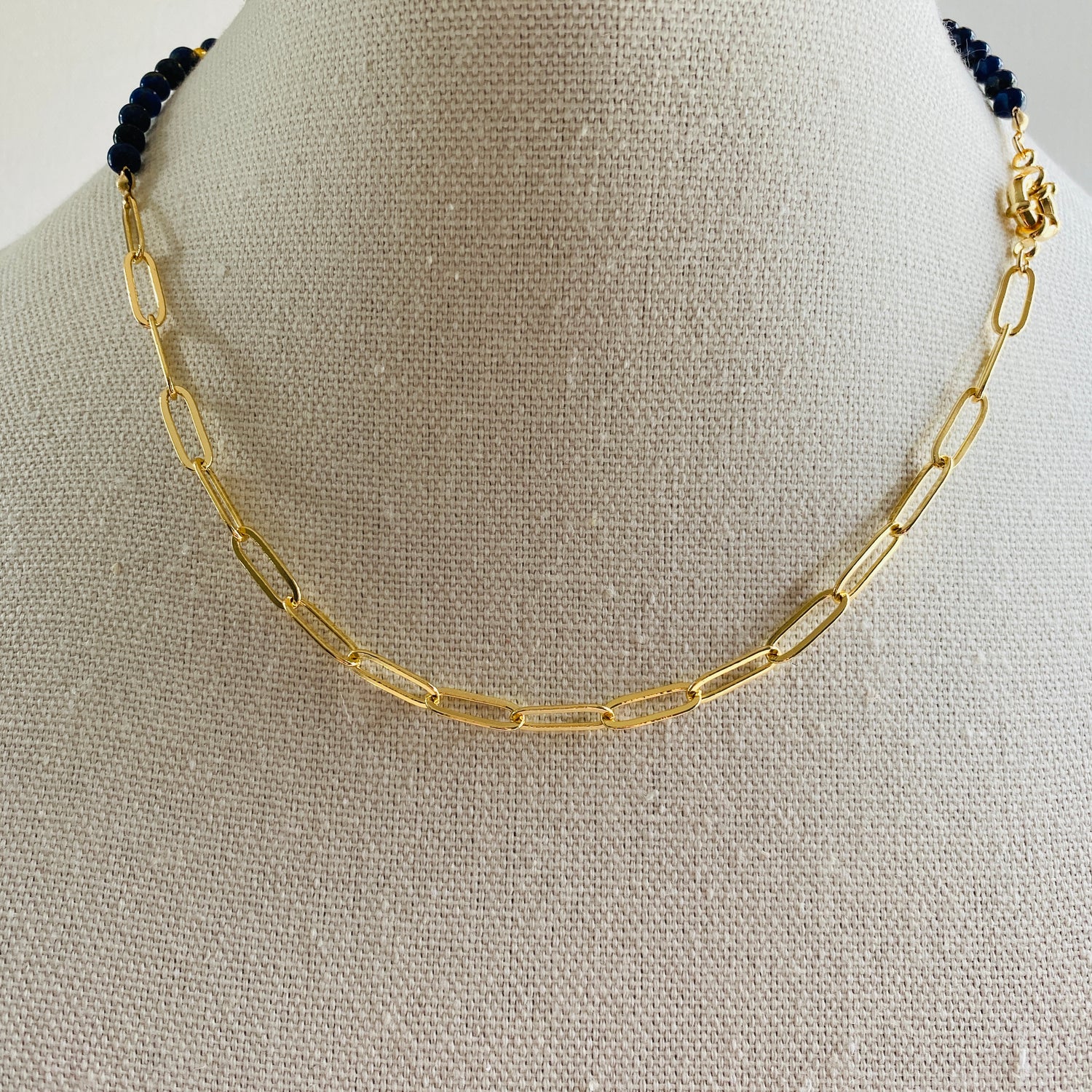 Lapus, Navy, Beads, Paper Clip Chain, Necklace