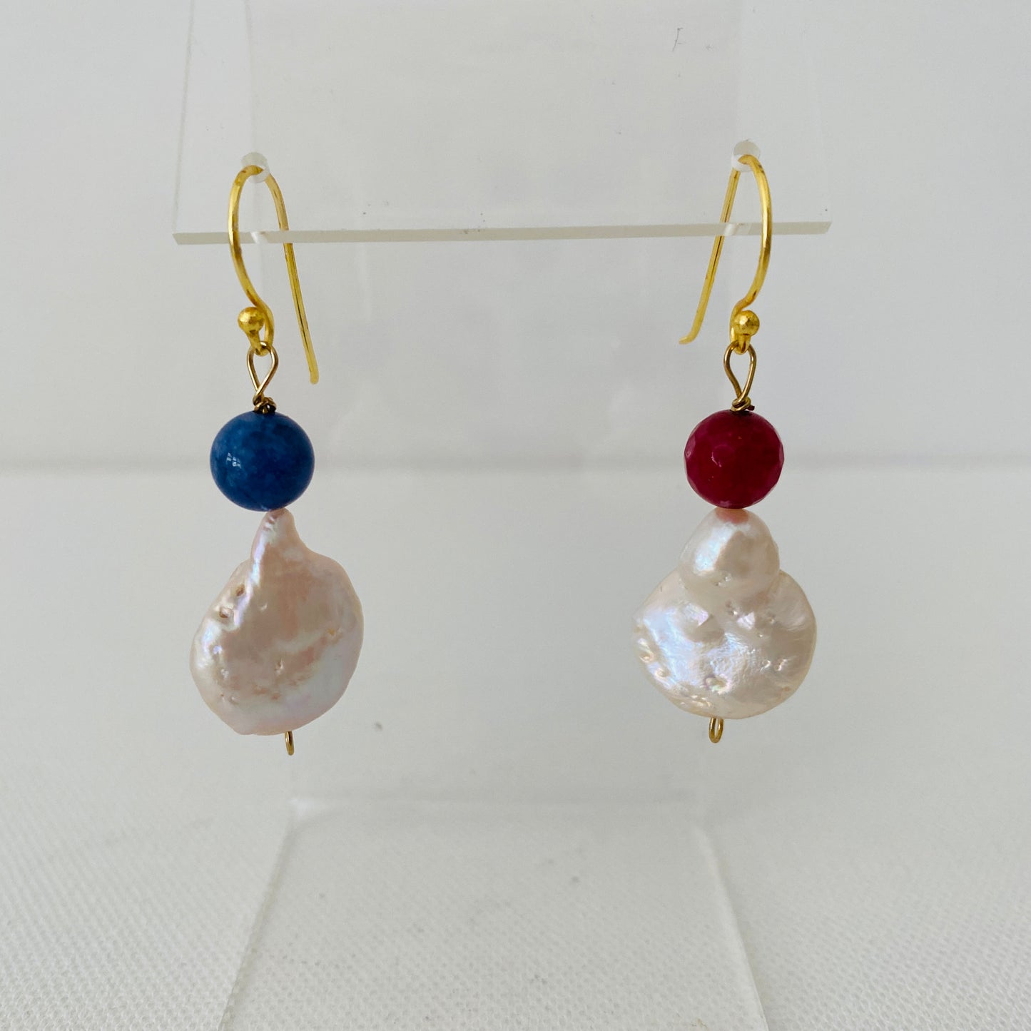 Pearl, Red, White, Blue, Dangling, Gold, Earrings