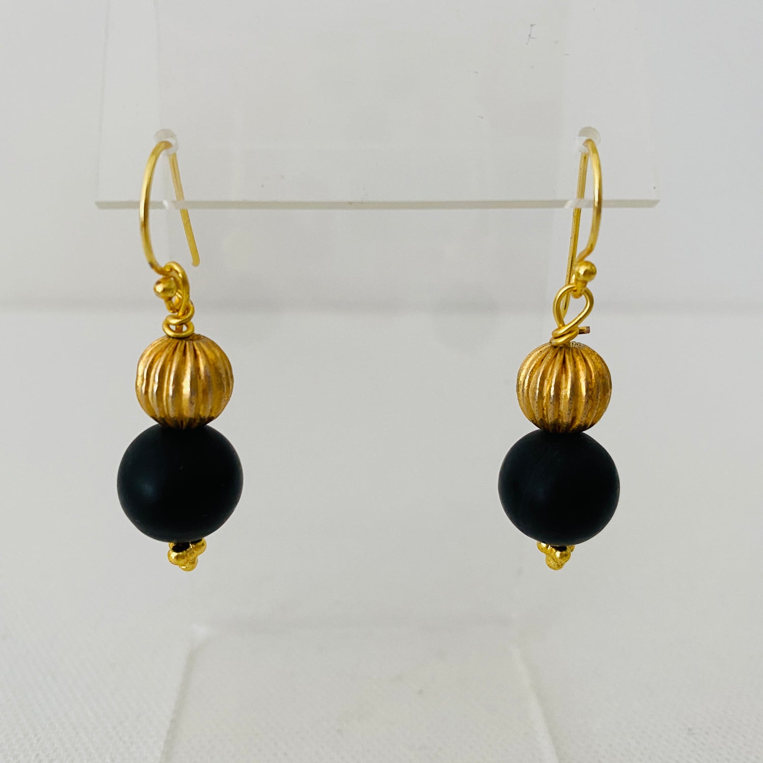 Black, Onyx, Gold, Beaded Earrings