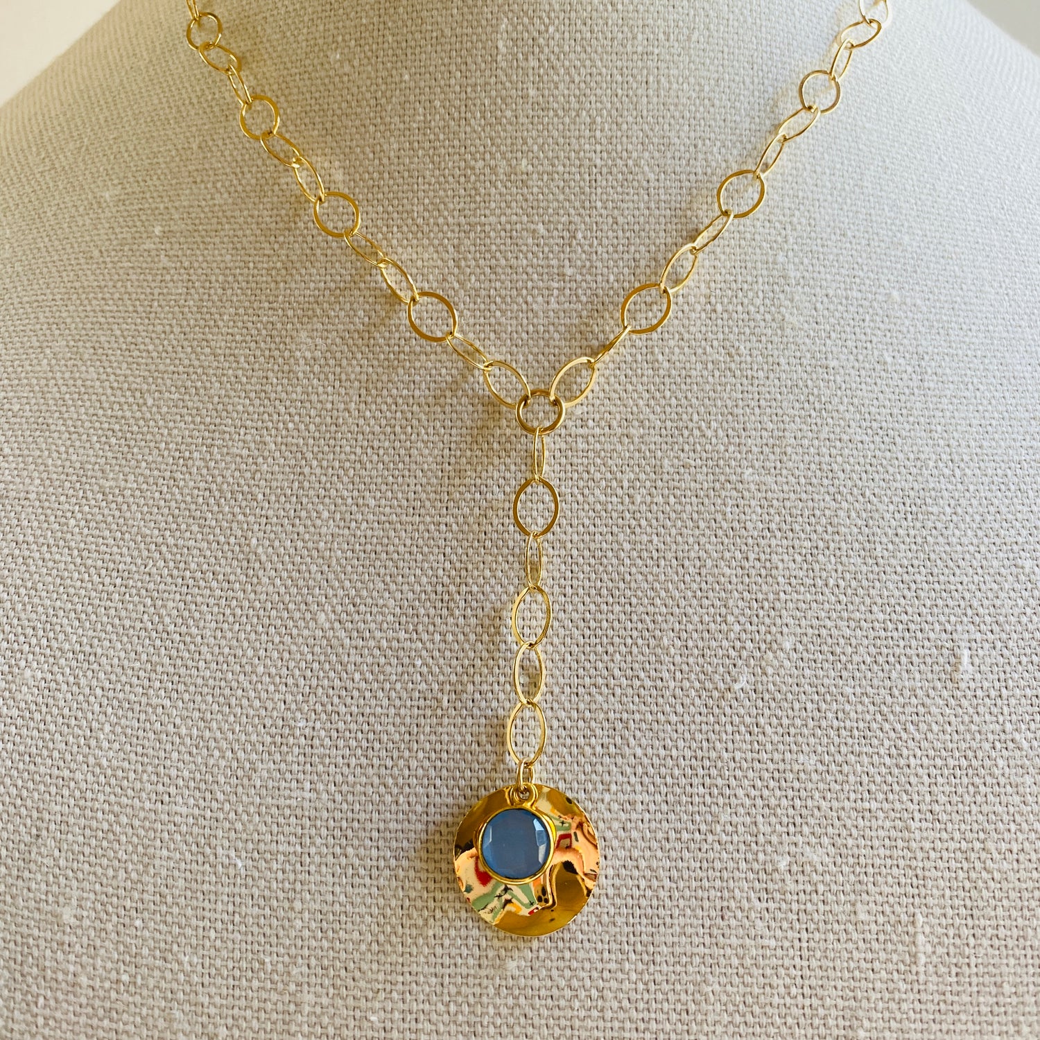 Gold, Lariat, Blue, Gem, Pendant, Chain, Necklace