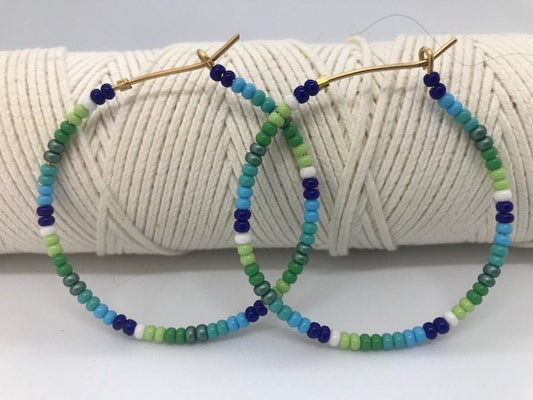 Rainbow, Sprinkles, Colorful, Blue, Green, Beaded, Gold, Hoop Earrings