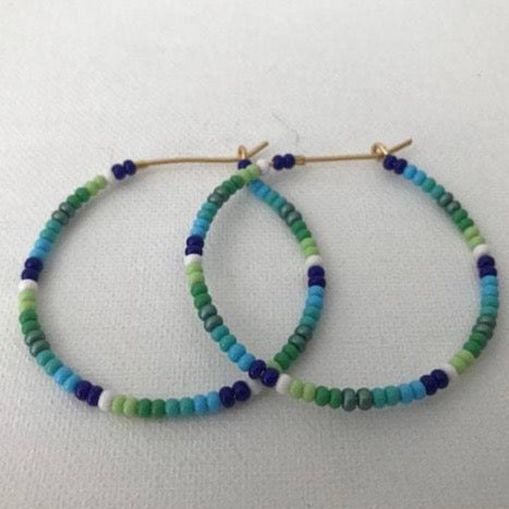 Rainbow, Sprinkles, Colorful, Blue, Green, Beaded, Gold, Hoop Earrings