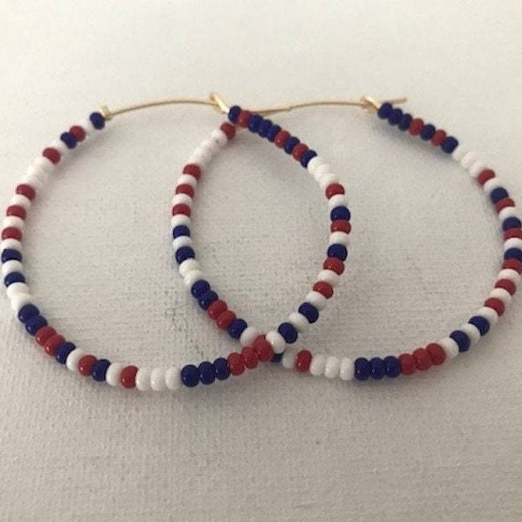 ainbow, Sprinkles, Colorful, Red, White, Blue, Beaded, Gold, Hoop Earrings